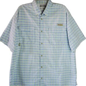 Columbia PFG Mens Size L Blue Plaid Shirt Short Sleeve Button Down Sun Protect